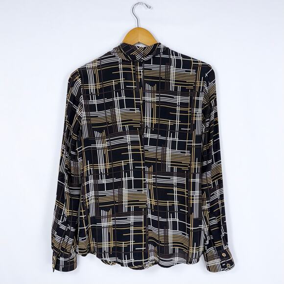 Trina Turk Women's Dame Abstract Plaid 100% Silk Tie Blouse Size 2 Black - Picture 7 of 12